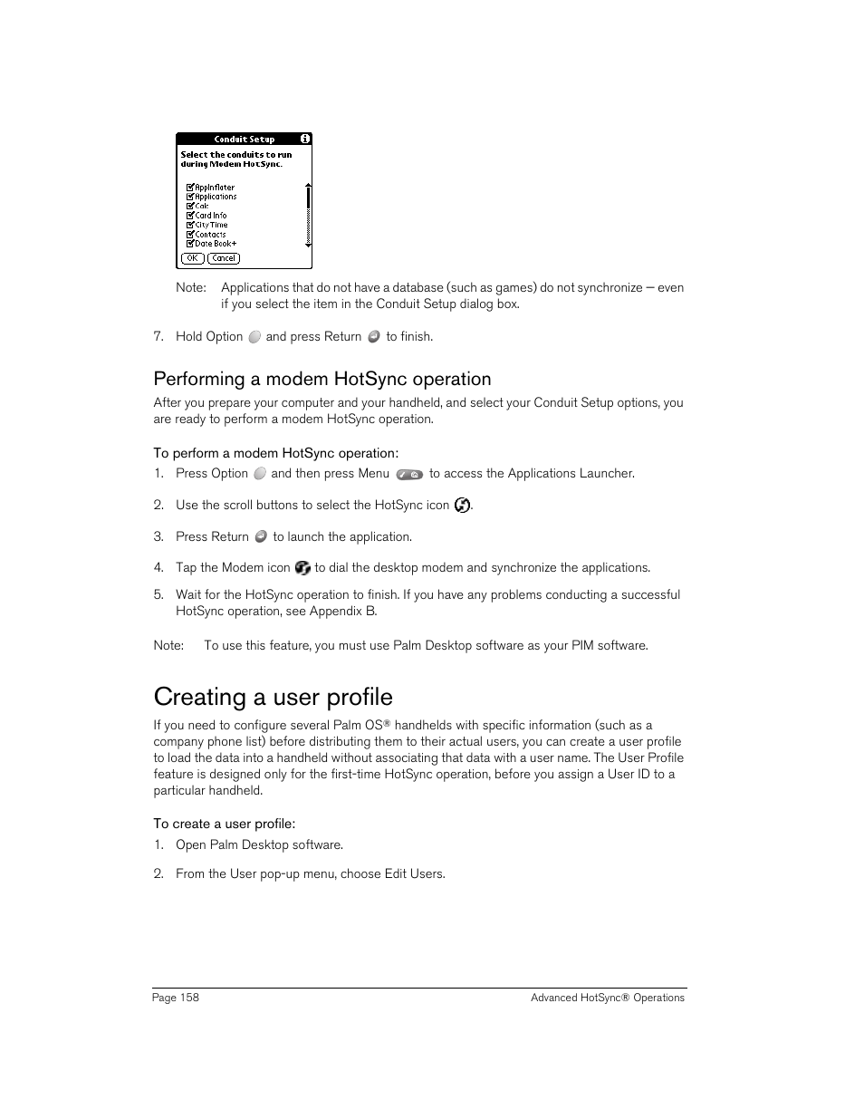 Performing a modem hotsync operation, To perform a modem hotsync operation, Creating a user profile | To create a user profile | Handspring 90 User Manual | Page 158 / 232