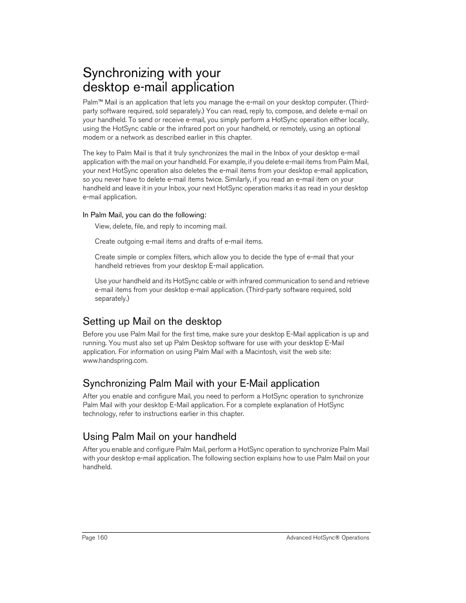 Synchronizing with your desktop e-mail application, In palm mail, you can do the following, Setting up mail on the desktop | Using palm mail on your handheld | Handspring 90 User Manual | Page 160 / 232