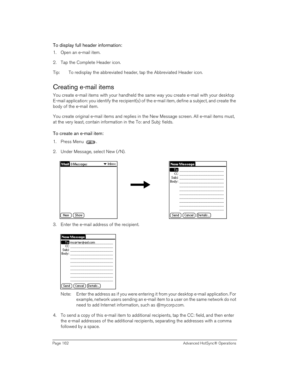 To display full header information, Creating e-mail items, To create an e-mail item | Handspring 90 User Manual | Page 162 / 232