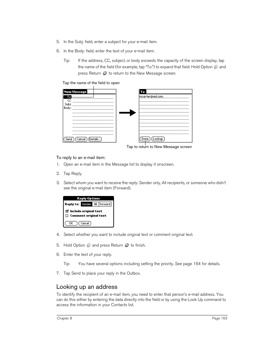 To reply to an e-mail item, Looking up an address | Handspring 90 User Manual | Page 163 / 232