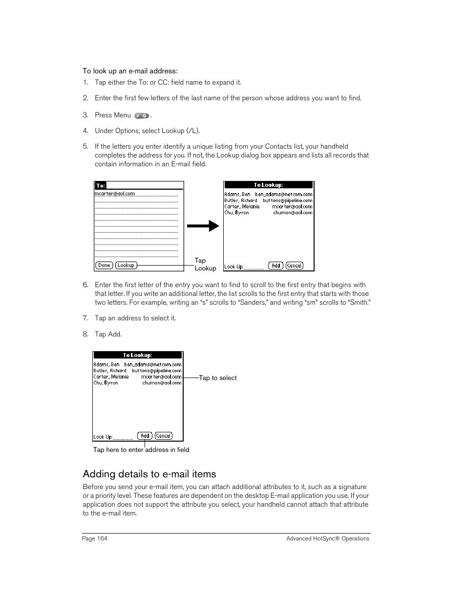 To look up an e-mail address, Adding details to e-mail items | Handspring 90 User Manual | Page 164 / 232