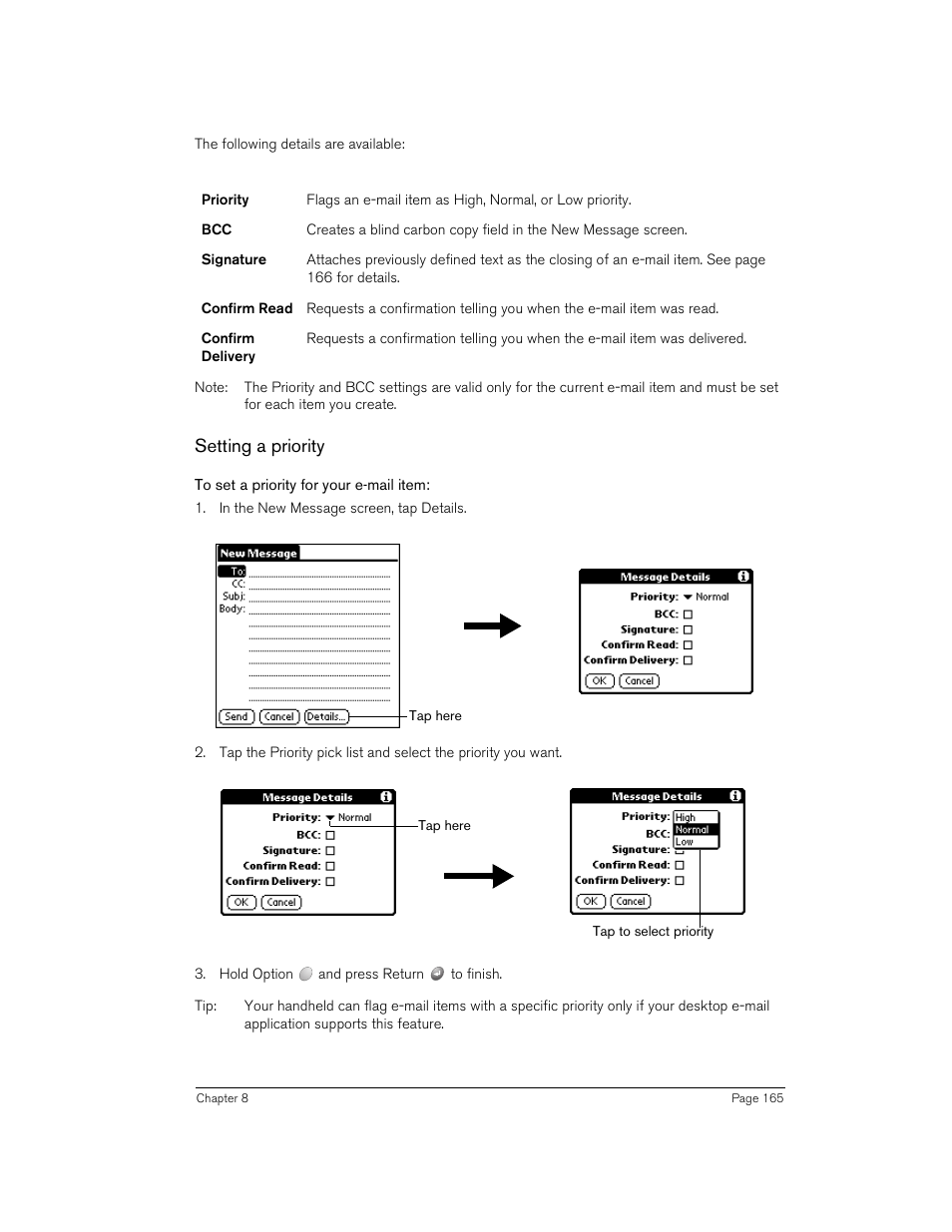 Setting a priority, To set a priority for your e-mail item | Handspring 90 User Manual | Page 165 / 232