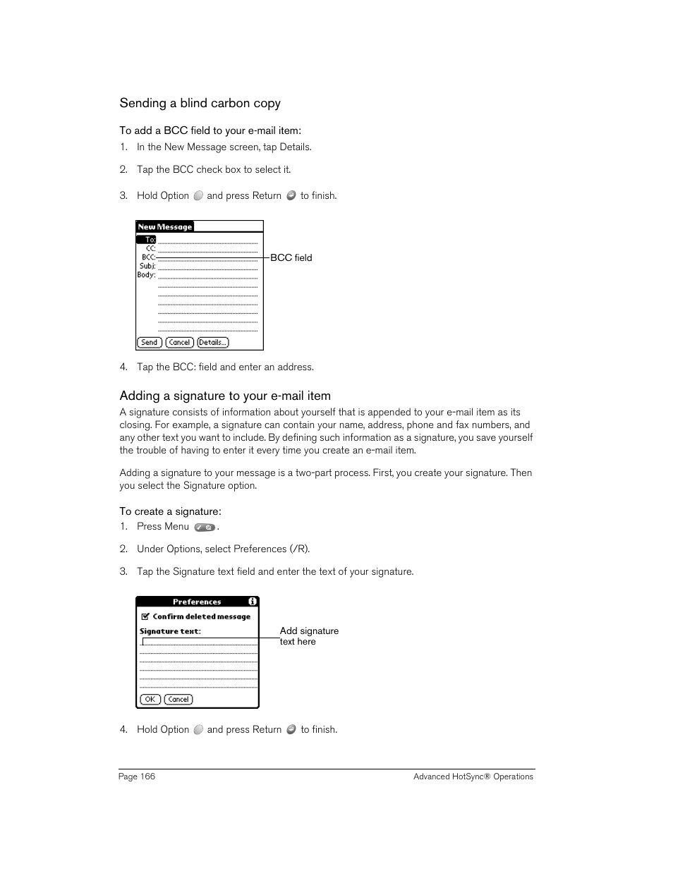 Sending a blind carbon copy, To add a bcc field to your e-mail item, Adding a signature to your e-mail item | To create a signature | Handspring 90 User Manual | Page 166 / 232