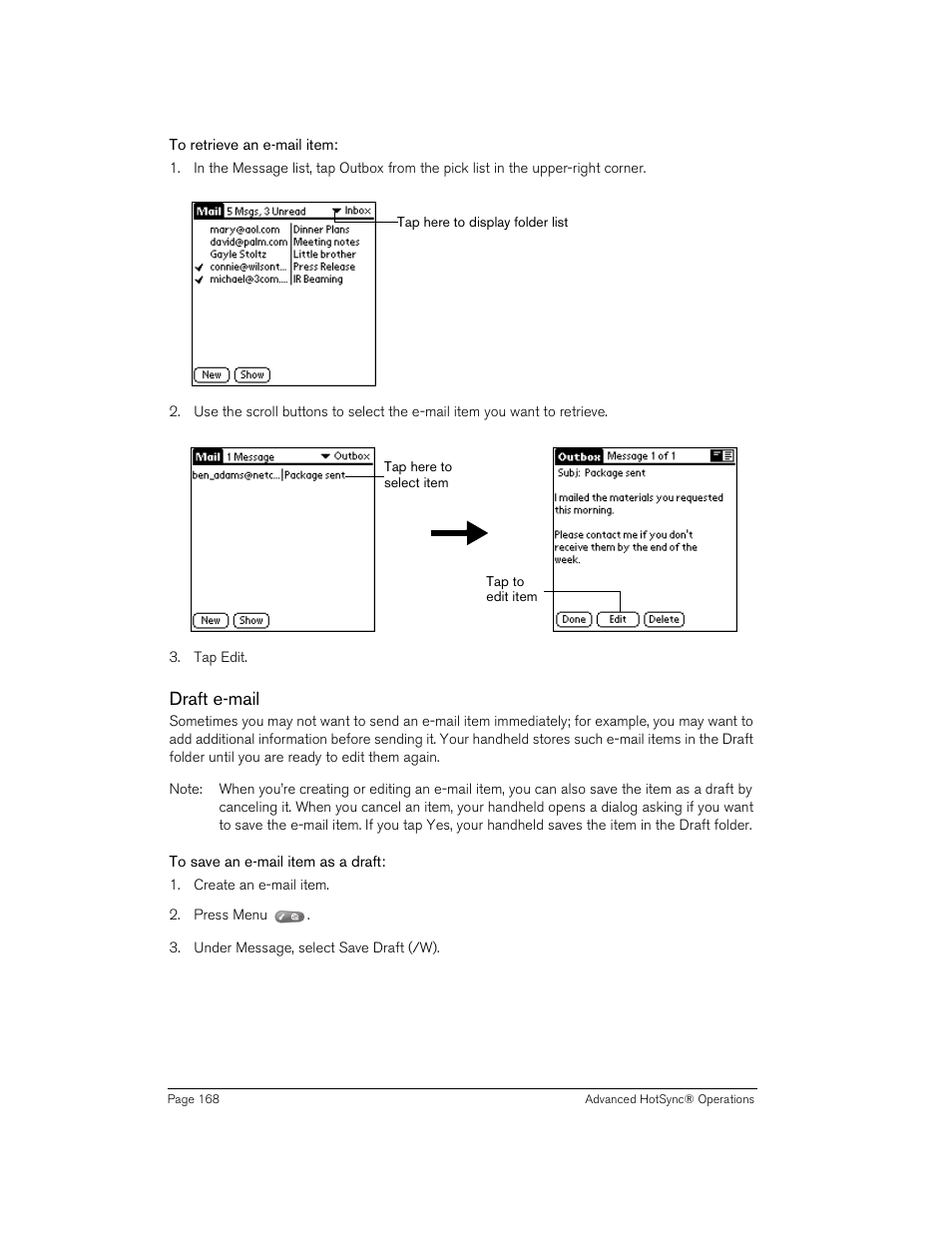 To retrieve an e-mail item, Draft e-mail, To save an e-mail item as a draft | Handspring 90 User Manual | Page 168 / 232