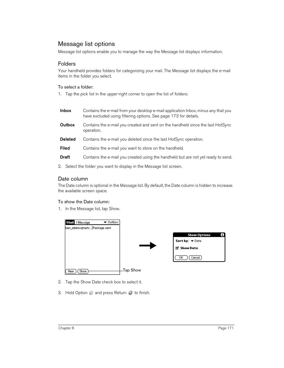 Message list options, Folders, To select a folder | Date column, To show the date column | Handspring 90 User Manual | Page 171 / 232