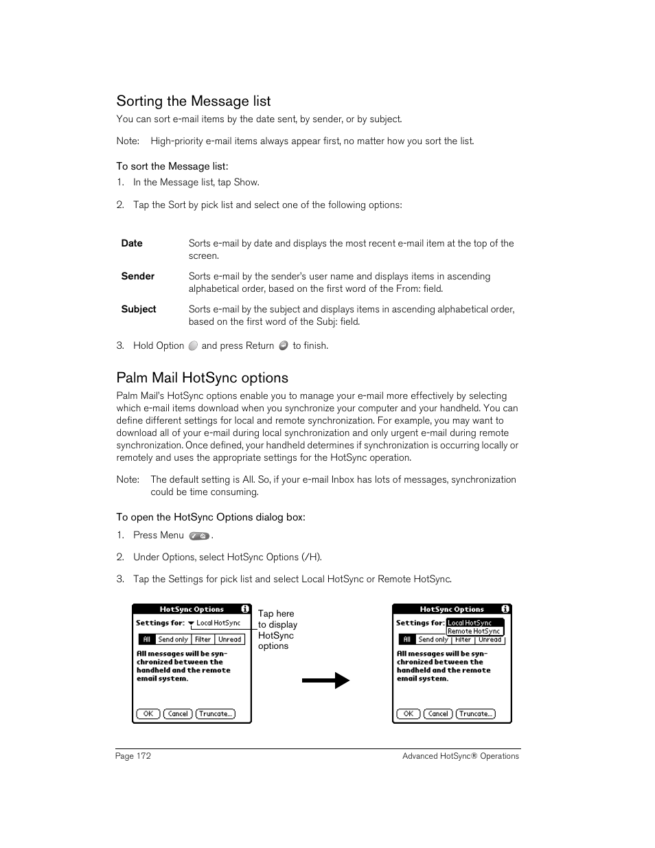 Sorting the message list, To sort the message list, Palm mail hotsync options | To open the hotsync options dialog box, Sorting the message list palm mail hotsync options | Handspring 90 User Manual | Page 172 / 232
