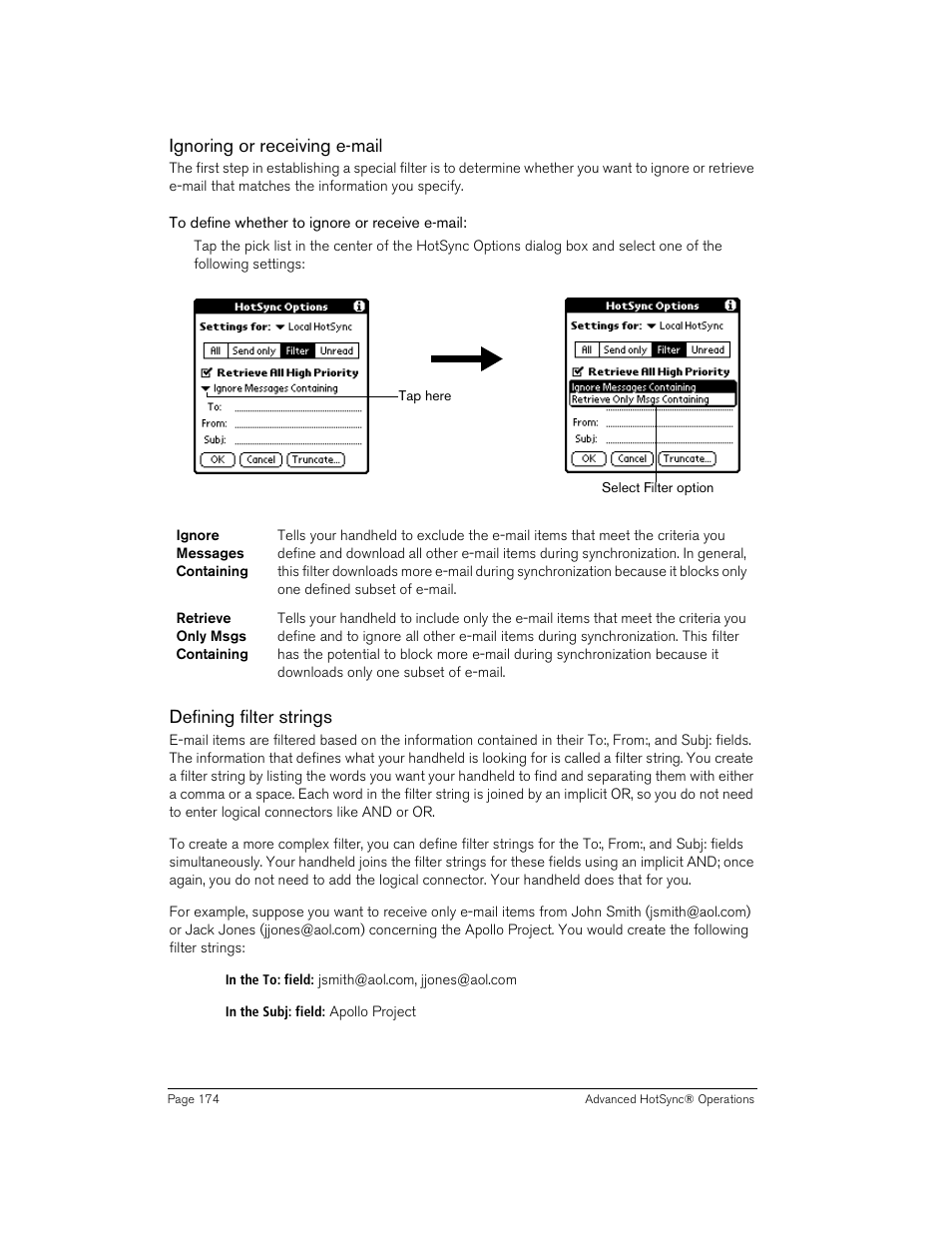 Ignoring or receiving e-mail, To define whether to ignore or receive e-mail, Defining filter strings | Handspring 90 User Manual | Page 174 / 232