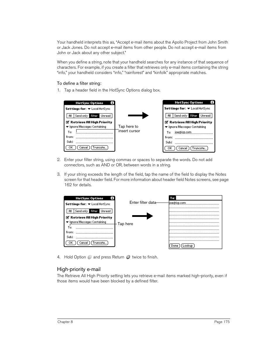 To define a filter string, High-priority e-mail | Handspring 90 User Manual | Page 175 / 232