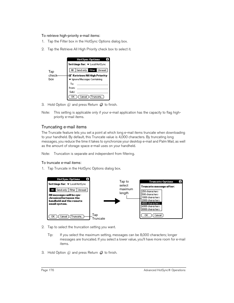 To retrieve high-priority e-mail items, Truncating e-mail items, To truncate e-mail items | Handspring 90 User Manual | Page 176 / 232
