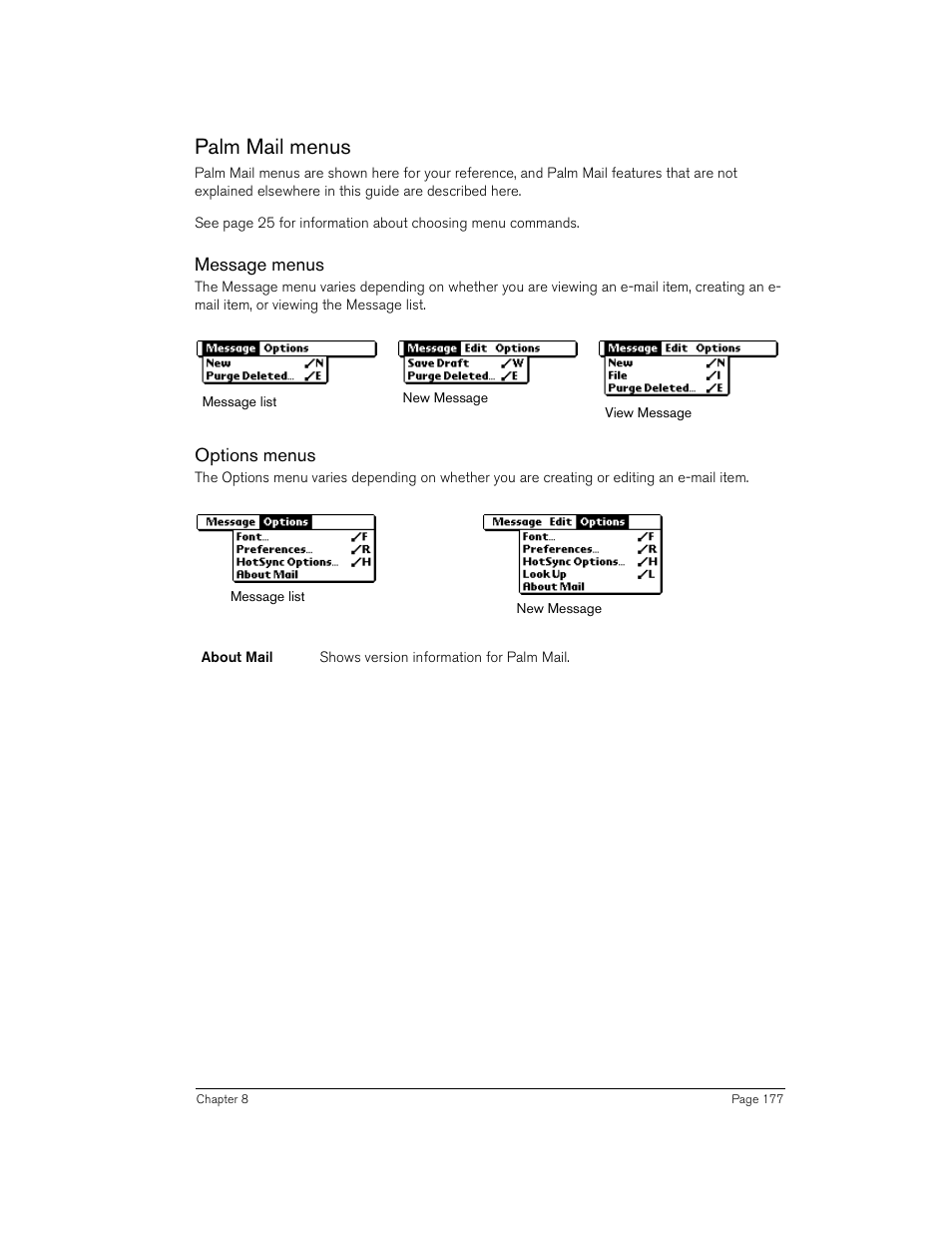 Palm mail menus, Message menus, Options menus | Handspring 90 User Manual | Page 177 / 232