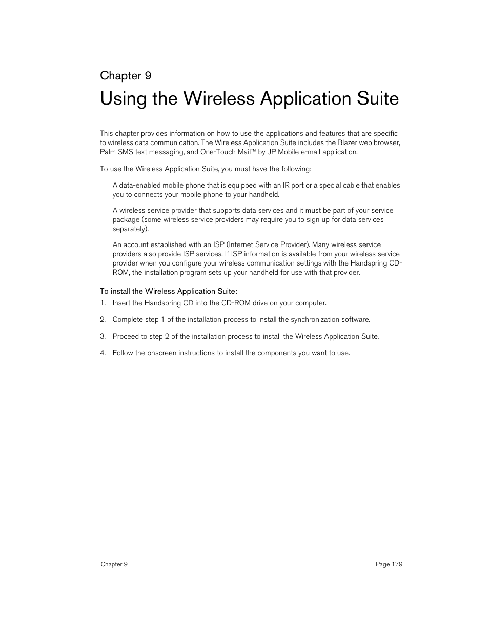 Using the wireless application suite, To install the wireless application suite, Chapter 9 | Handspring 90 User Manual | Page 179 / 232