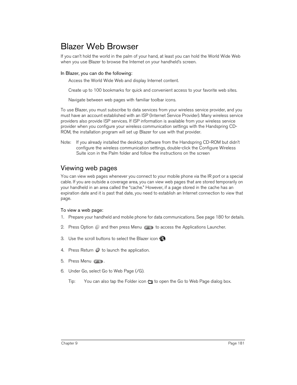 Blazer web browser, In blazer, you can do the following, Viewing web pages | Handspring 90 User Manual | Page 181 / 232