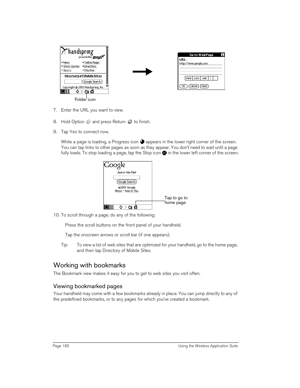 Working with bookmarks, Viewing bookmarked pages | Handspring 90 User Manual | Page 182 / 232