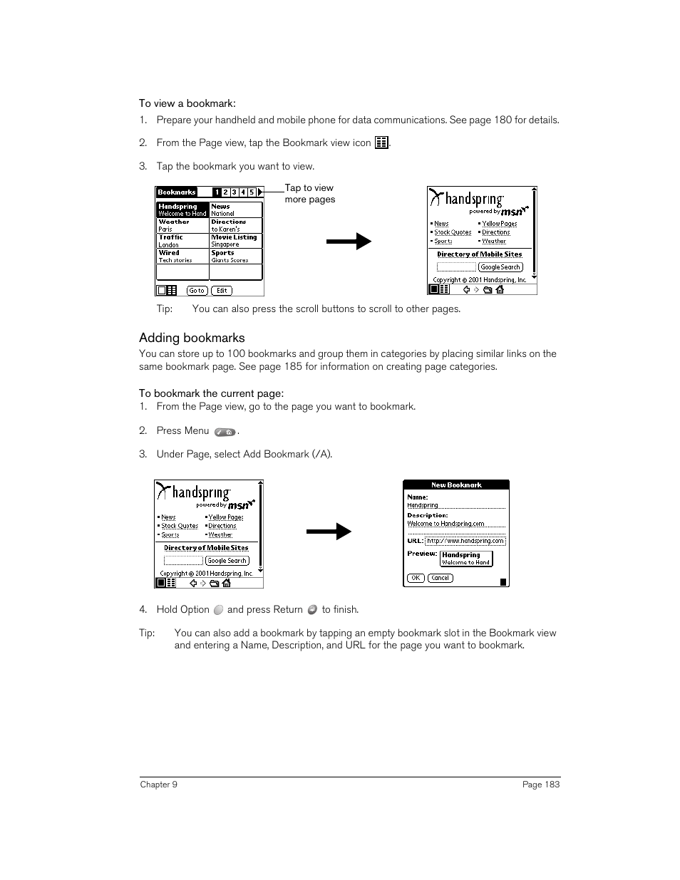 To view a bookmark, Adding bookmarks | Handspring 90 User Manual | Page 183 / 232