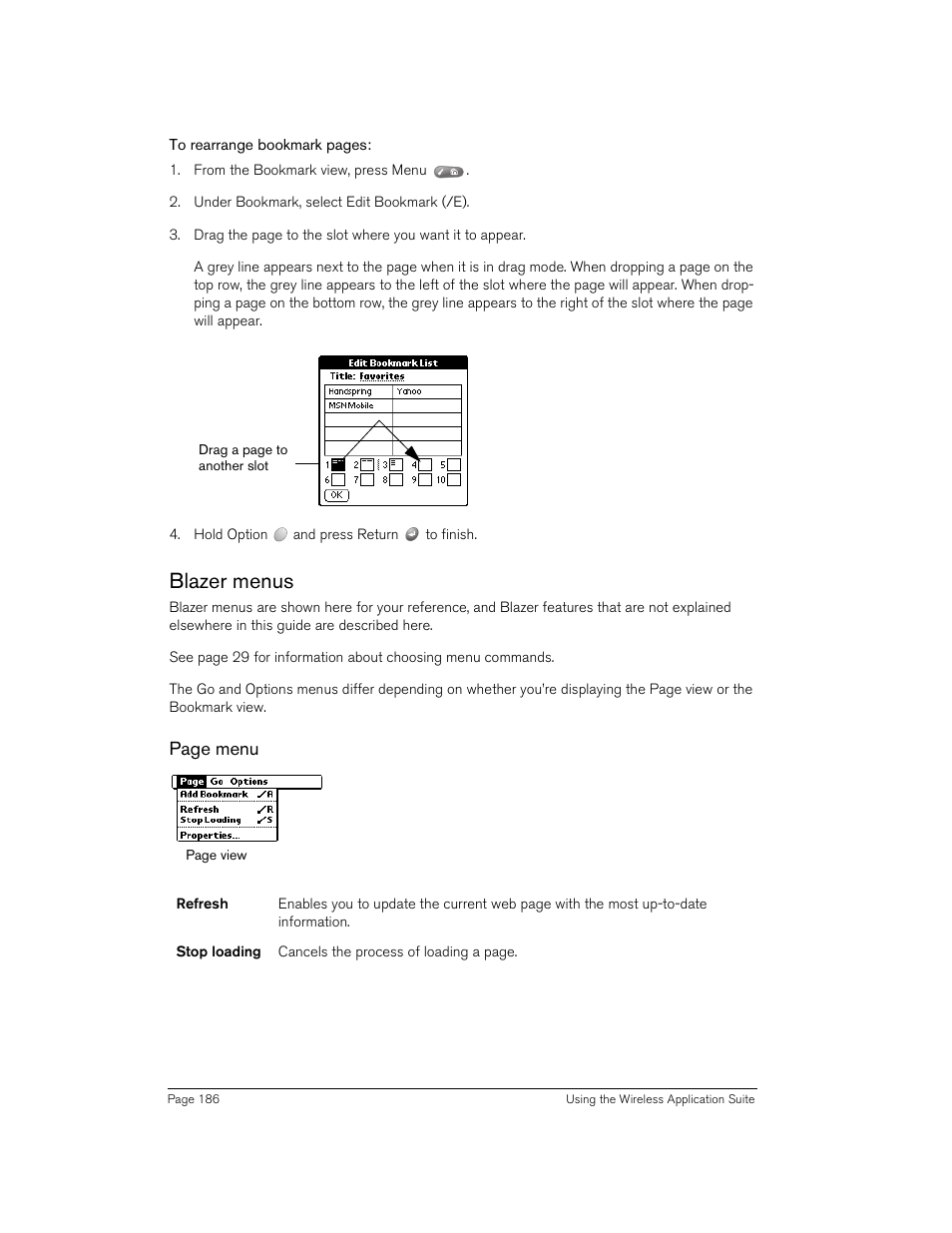 Blazer menus, Page menu | Handspring 90 User Manual | Page 186 / 232