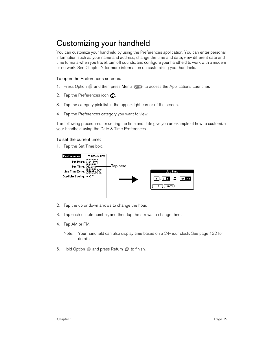 Customizing your handheld, To open the preferences screens, To set the current time | Handspring 90 User Manual | Page 19 / 232