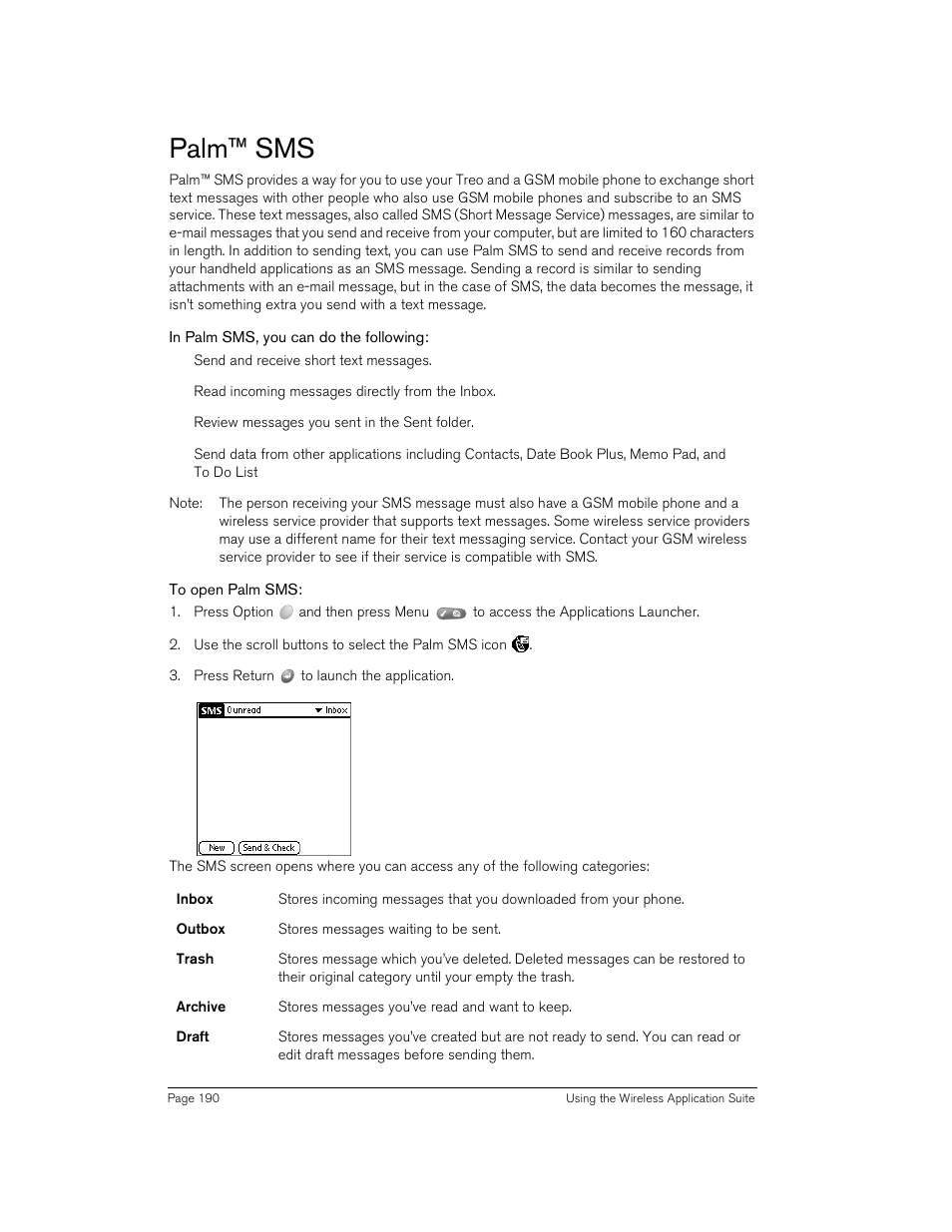 Palm™ sms, In palm sms, you can do the following, To open palm sms | Handspring 90 User Manual | Page 190 / 232