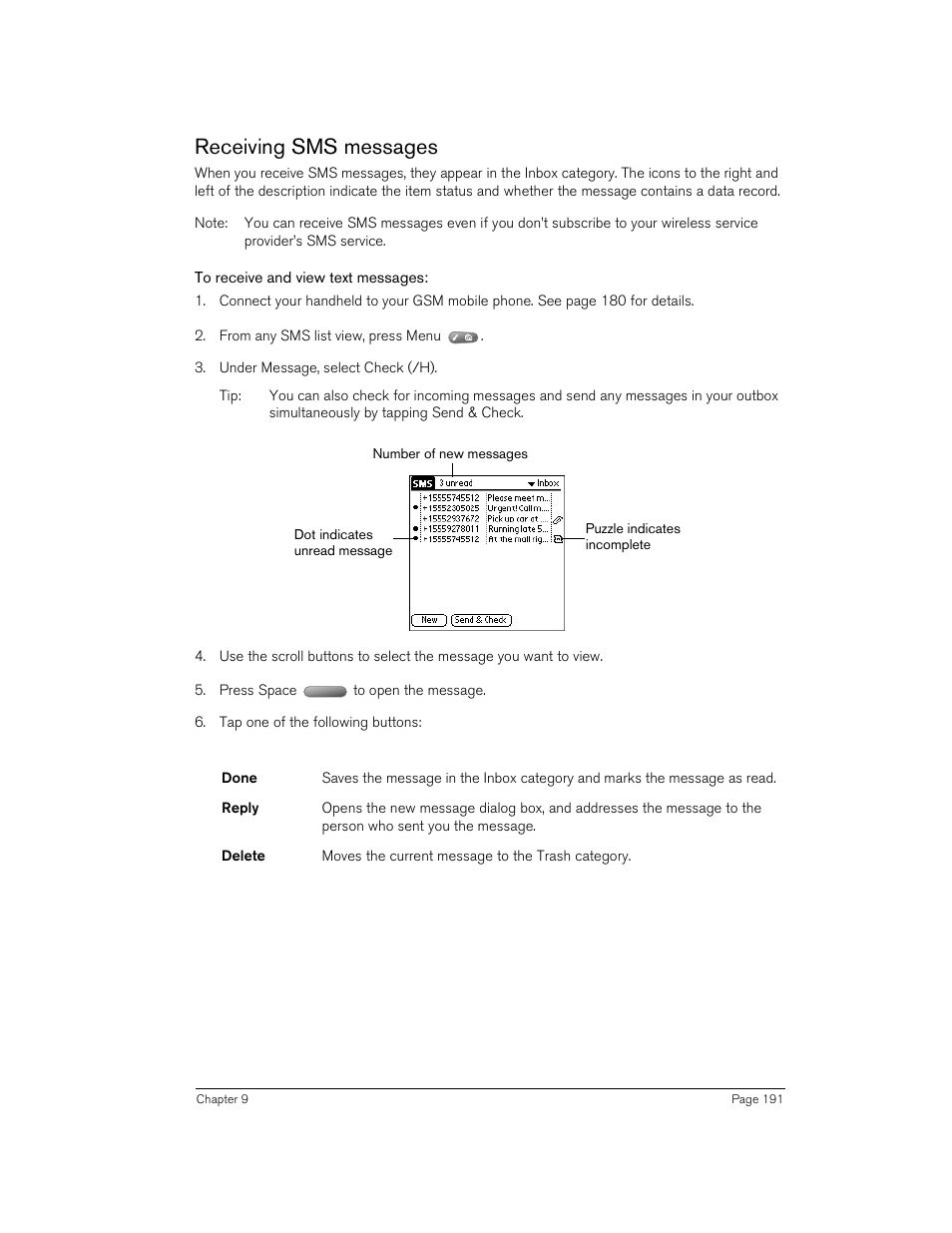 Receiving sms messages, To receive and view text messages | Handspring 90 User Manual | Page 191 / 232