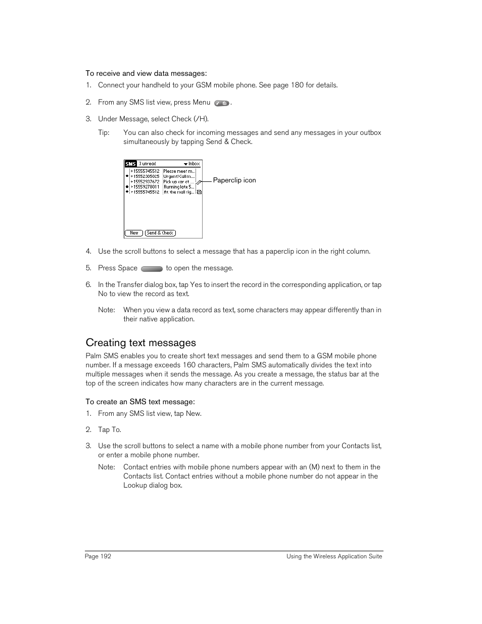 To receive and view data messages, Creating text messages, To create an sms text message | Handspring 90 User Manual | Page 192 / 232