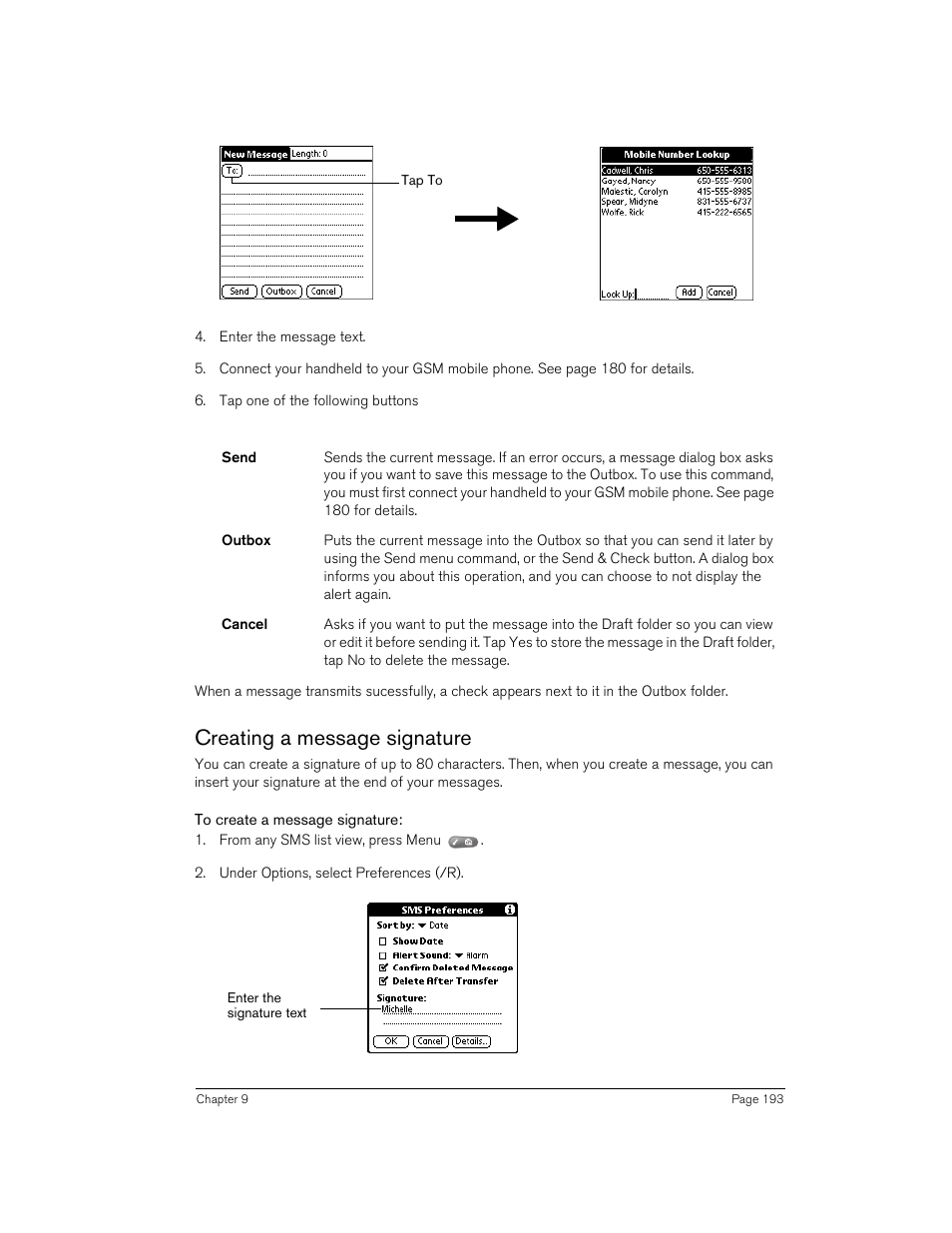 Creating a message signature, To create a message signature | Handspring 90 User Manual | Page 193 / 232