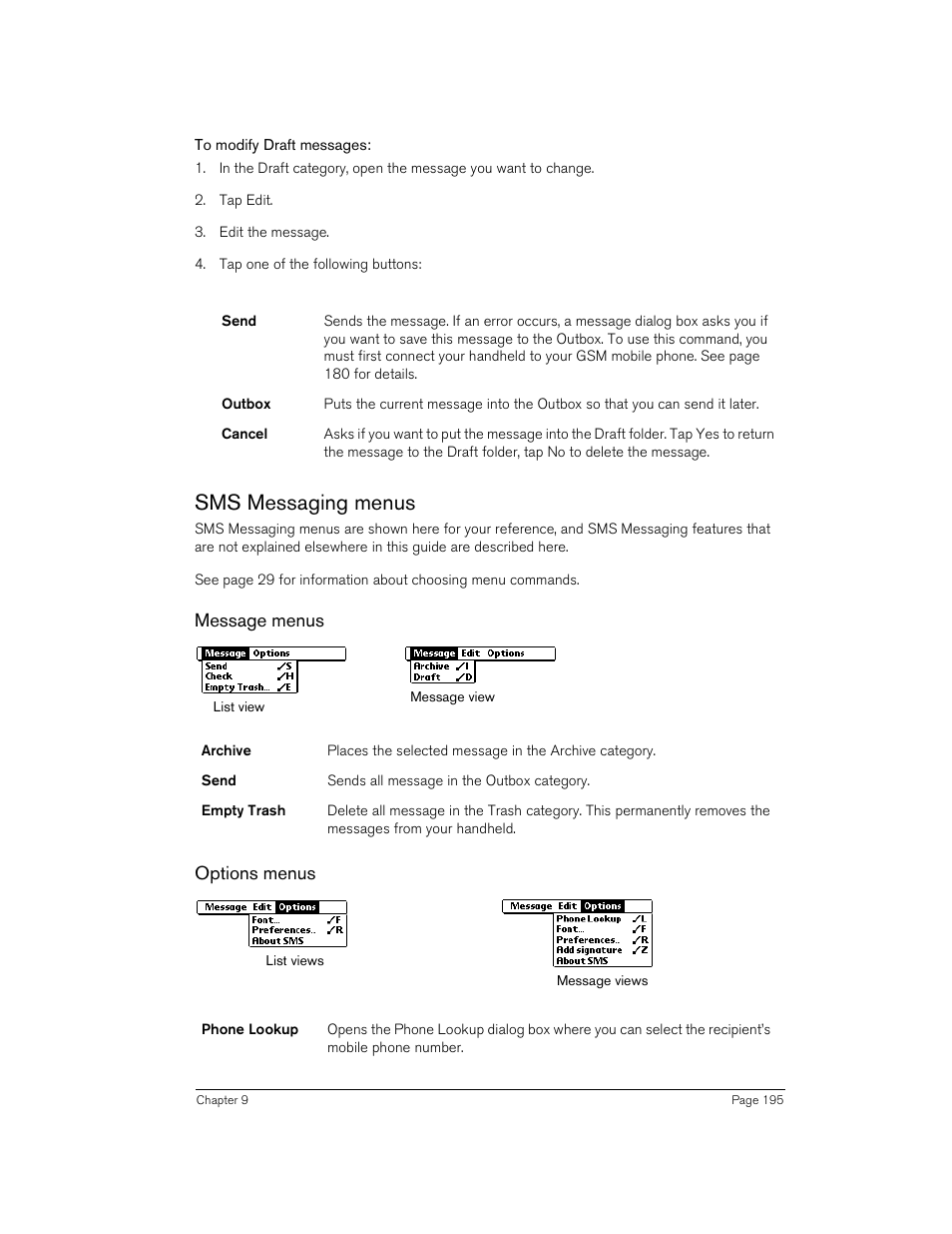 To modify draft messages, Sms messaging menus, Message menus | Options menus | Handspring 90 User Manual | Page 195 / 232