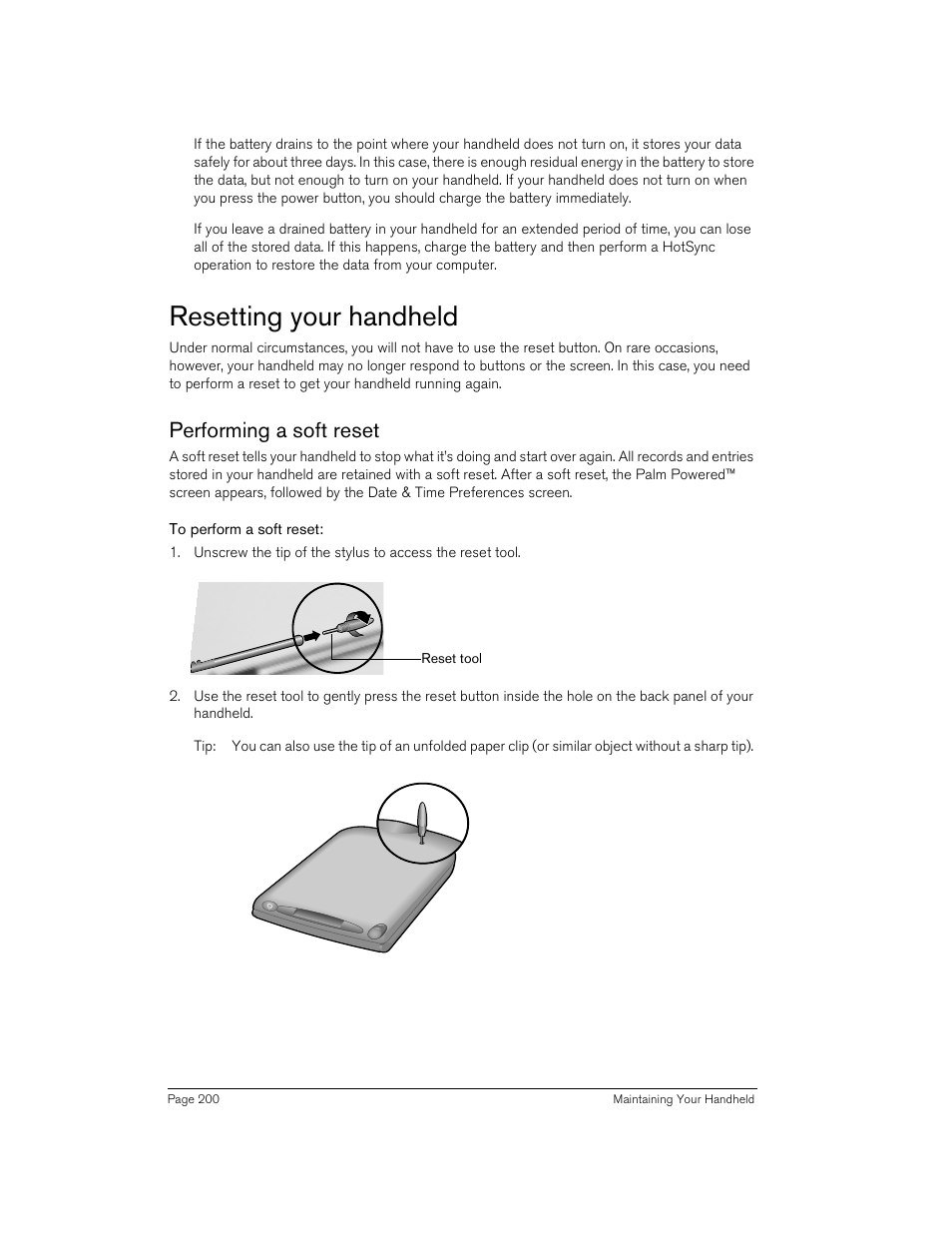 Resetting your handheld, Performing a soft reset, To perform a soft reset | Handspring 90 User Manual | Page 200 / 232