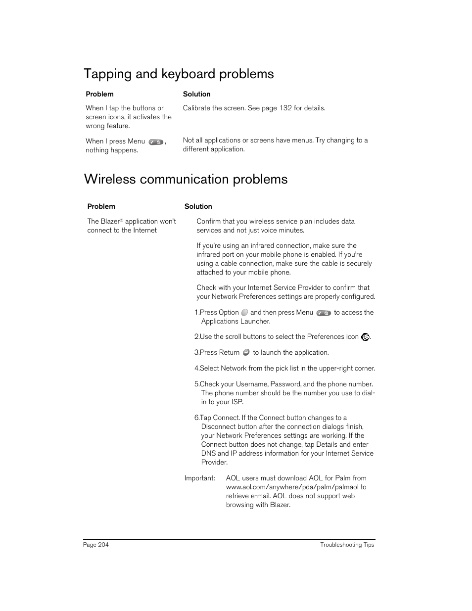 Tapping and keyboard problems, Wireless communication problems | Handspring 90 User Manual | Page 204 / 232
