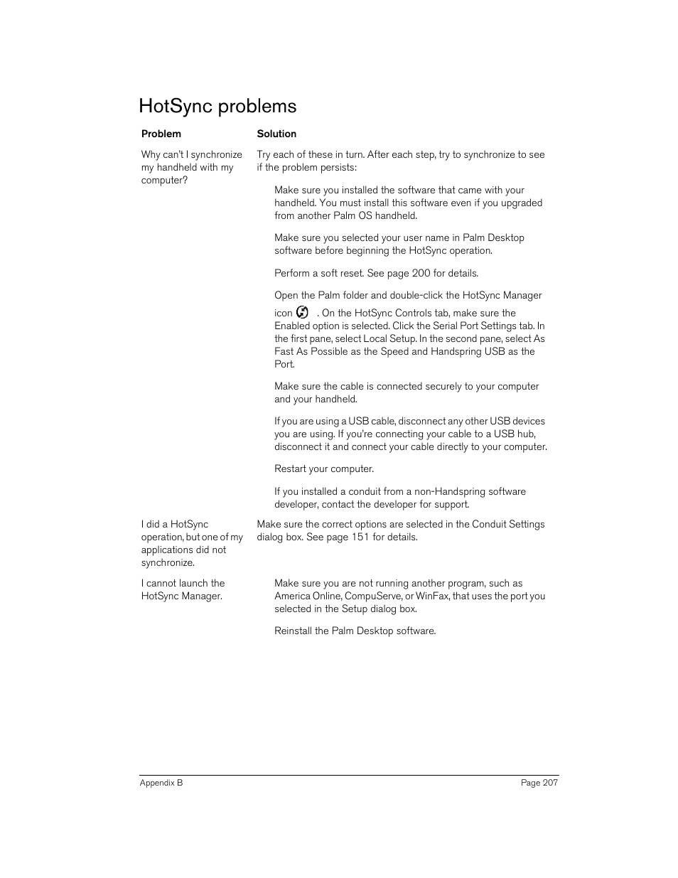 Hotsync problems | Handspring 90 User Manual | Page 207 / 232