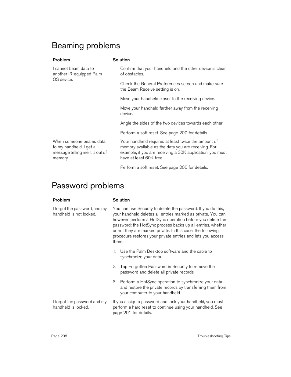 Beaming problems, Password problems, Beaming problems password problems | Handspring 90 User Manual | Page 208 / 232