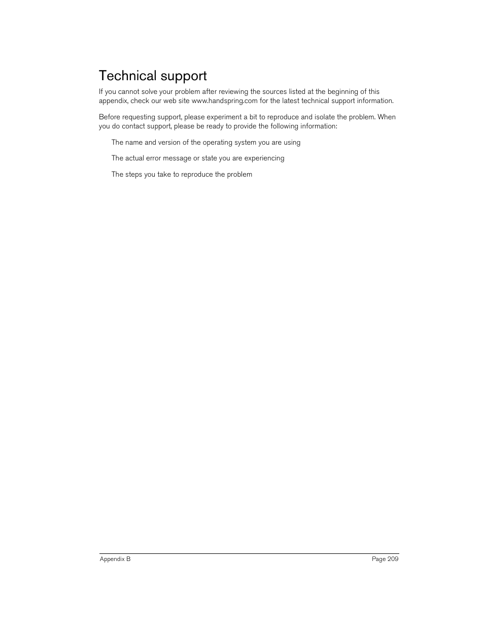 Technical support | Handspring 90 User Manual | Page 209 / 232