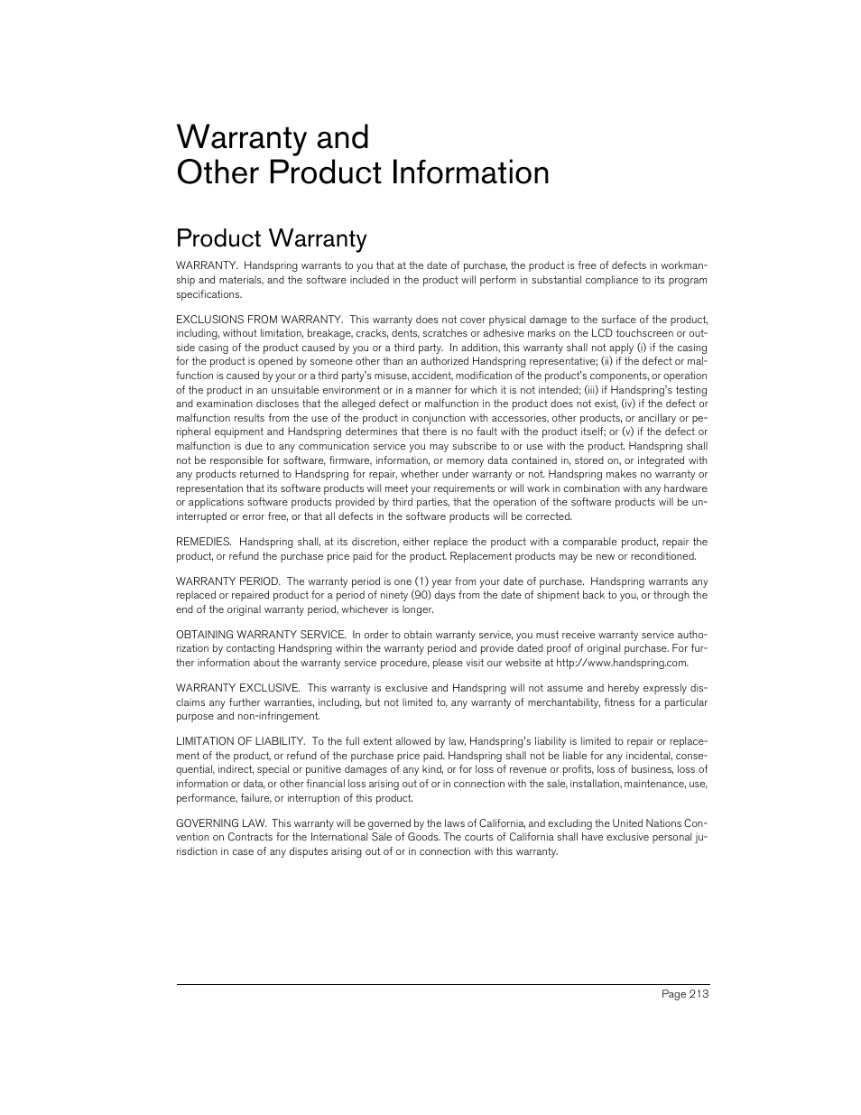 Warranty and other product information, Product warranty | Handspring 90 User Manual | Page 213 / 232