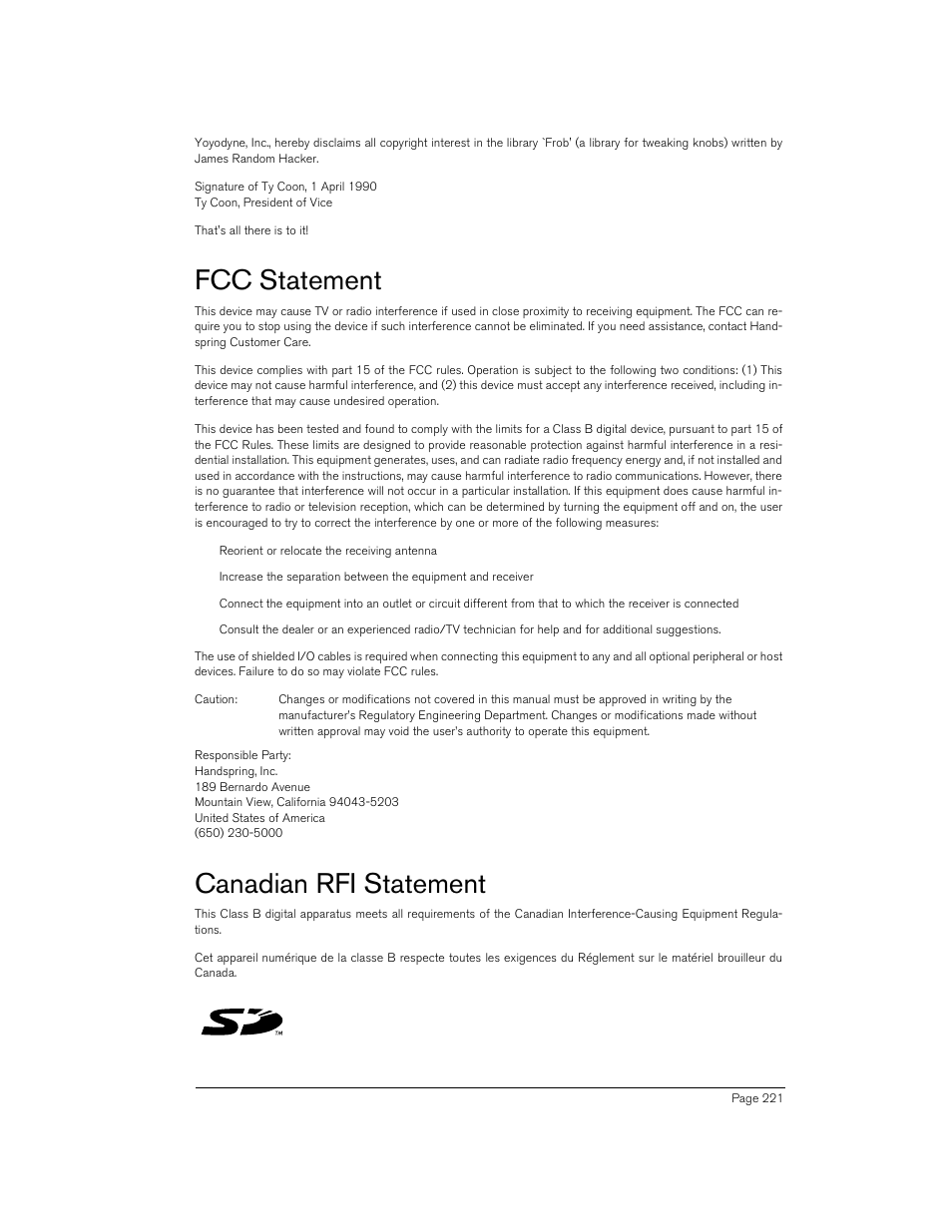 Fcc statement, Canadian rfi statement | Handspring 90 User Manual | Page 221 / 232