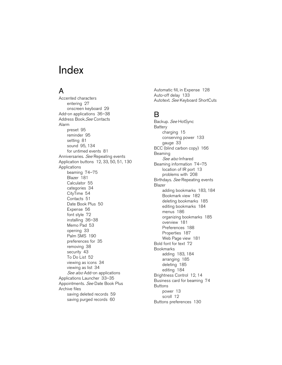 Index | Handspring 90 User Manual | Page 223 / 232