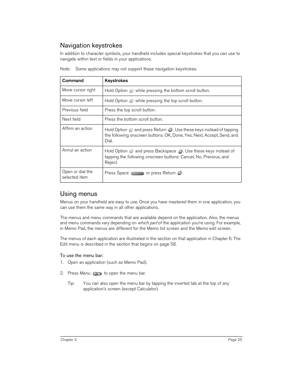 Navigation keystrokes, Using menus, To use the menu bar | Navigation keystrokes using menus | Handspring 90 User Manual | Page 25 / 232
