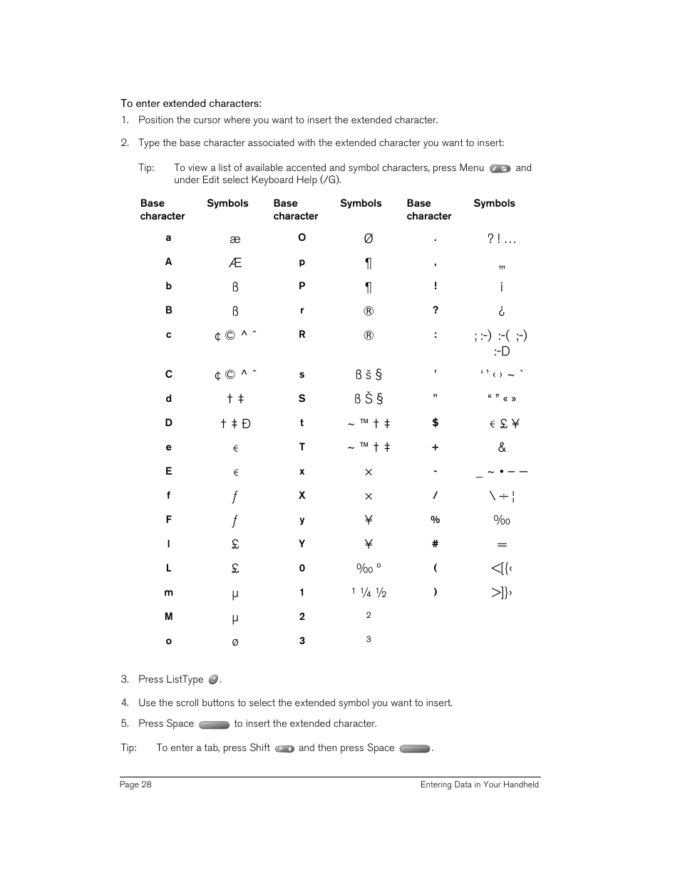 To enter extended characters | Handspring 90 User Manual | Page 28 / 232