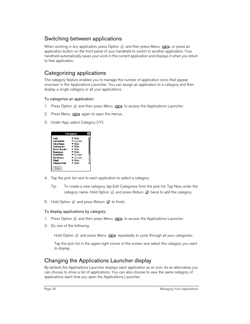Switching between applications, Categorizing applications, To categorize an application | To display applications by category, Changing the applications launcher display | Handspring 90 User Manual | Page 34 / 232