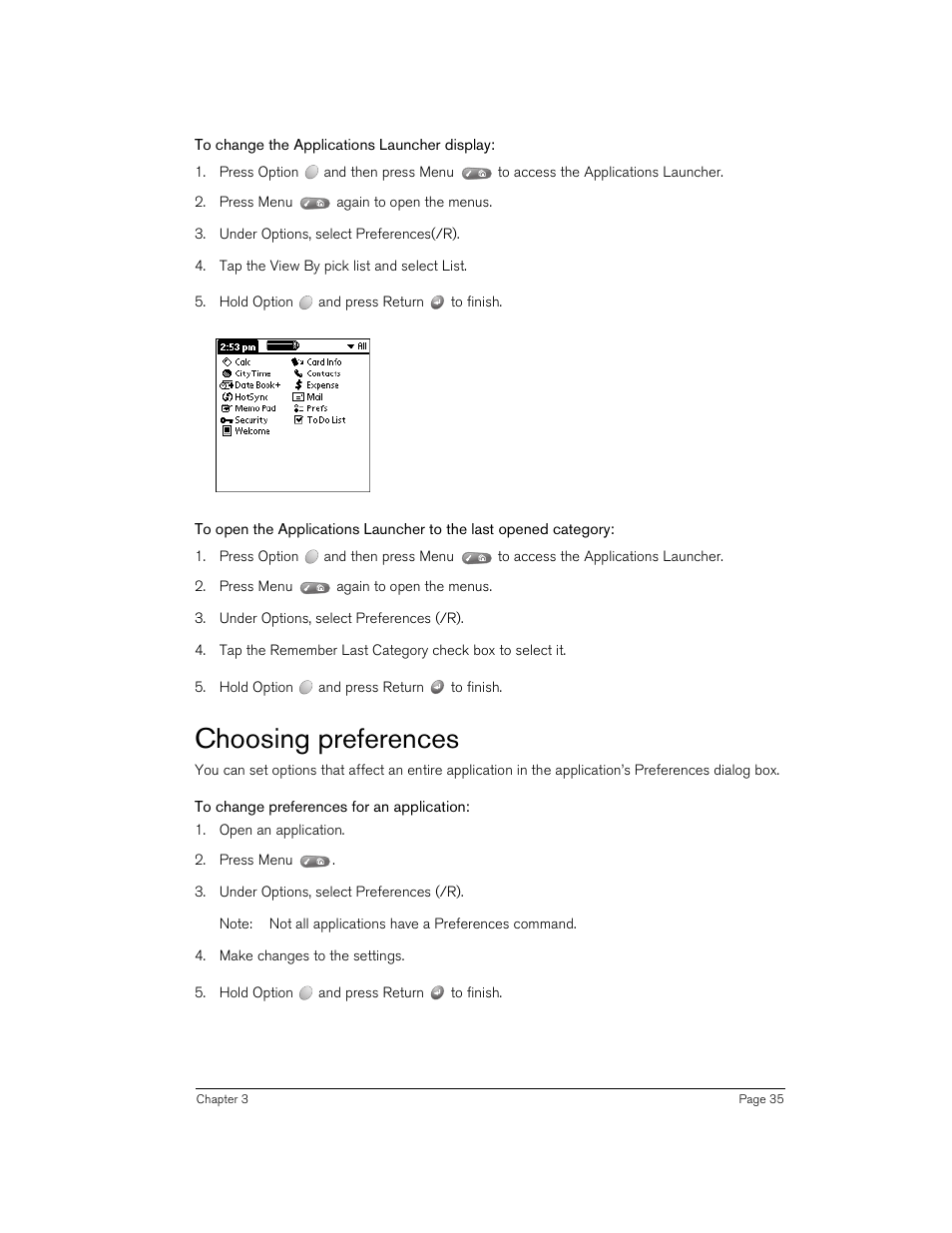 To change the applications launcher display, Choosing preferences, To change preferences for an application | Handspring 90 User Manual | Page 35 / 232