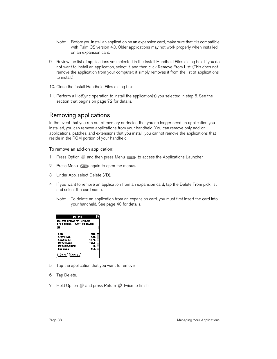 Removing applications, To remove an add-on application | Handspring 90 User Manual | Page 38 / 232