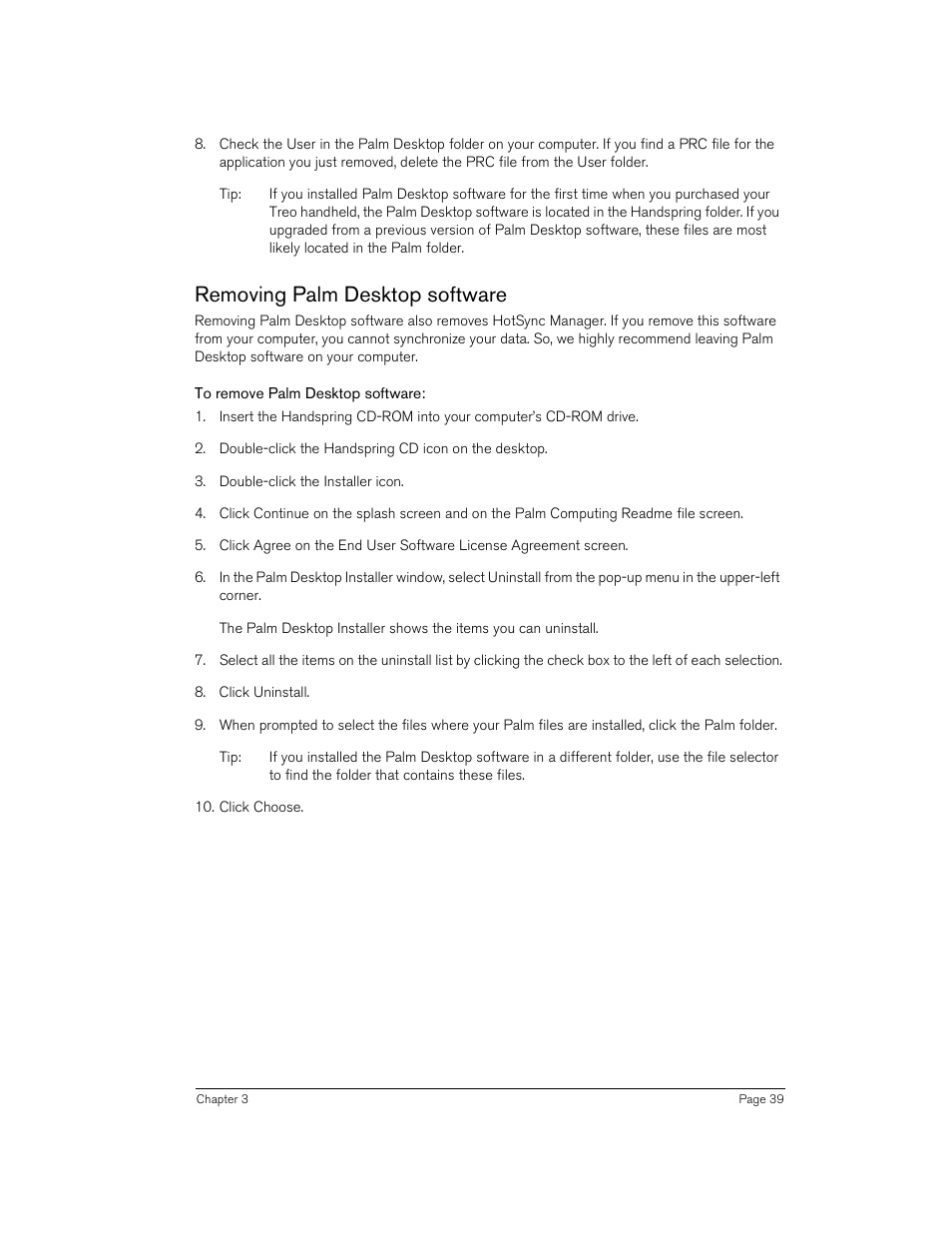 Removing palm desktop software, To remove palm desktop software | Handspring 90 User Manual | Page 39 / 232
