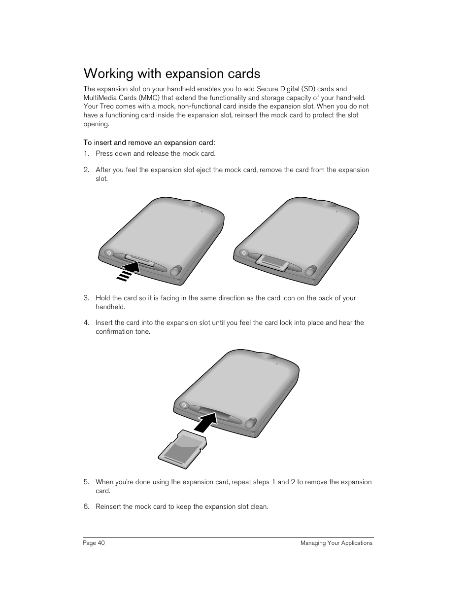 Working with expansion cards, To insert and remove an expansion card, Ge 40 for | Handspring 90 User Manual | Page 40 / 232