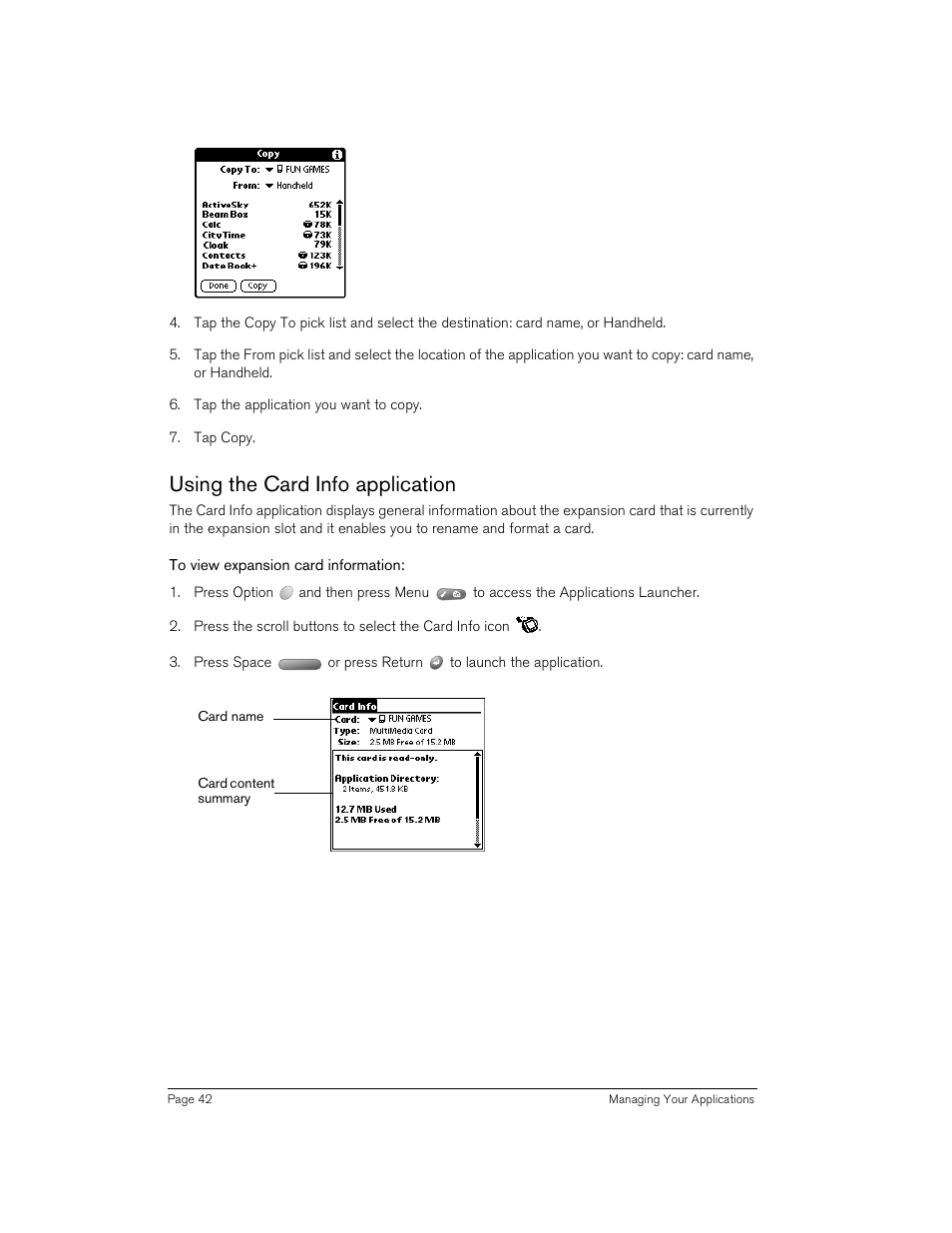 Using the card info application, To view expansion card information | Handspring 90 User Manual | Page 42 / 232