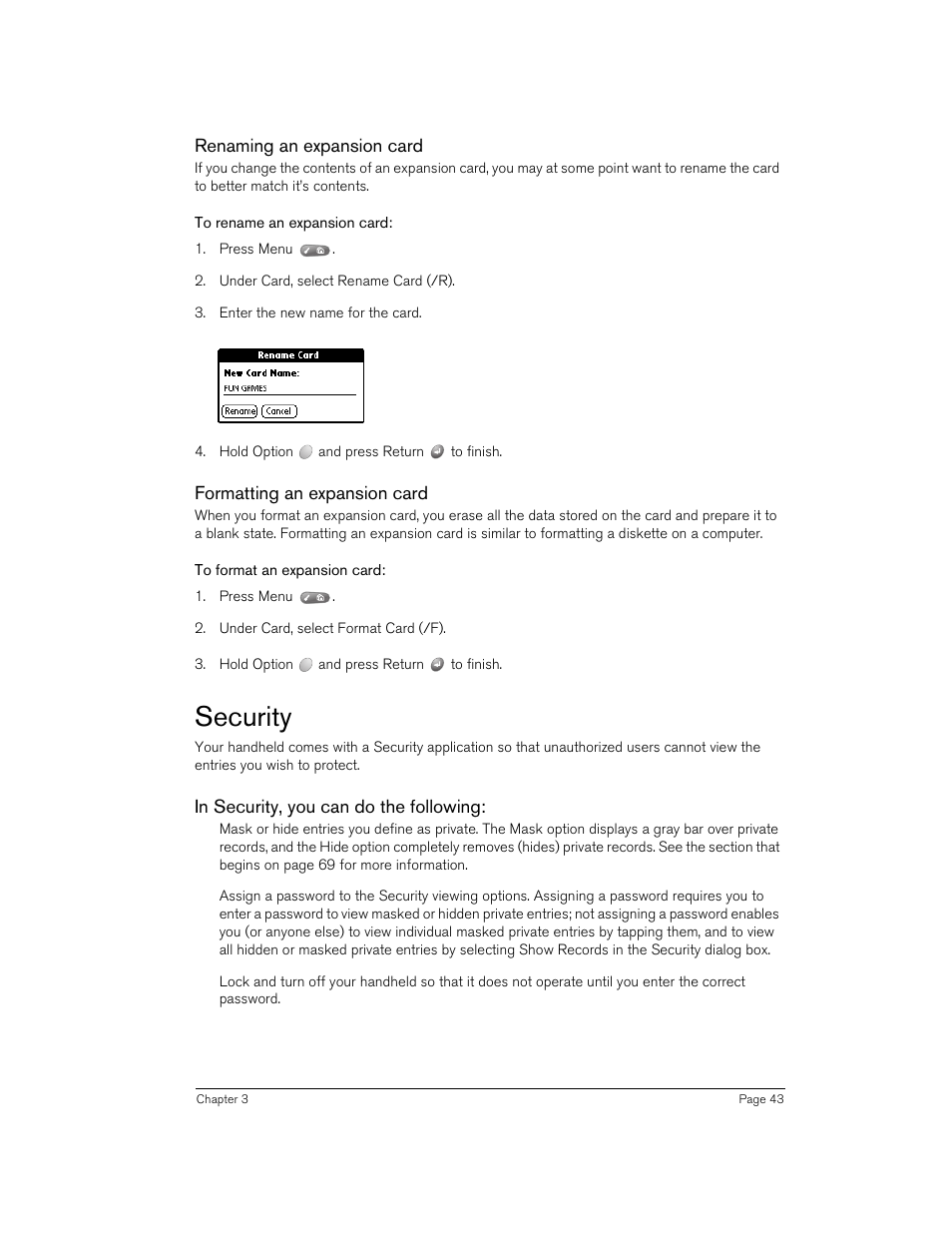 Renaming an expansion card, To rename an expansion card, Formatting an expansion card | To format an expansion card, Security, In security, you can do the following | Handspring 90 User Manual | Page 43 / 232