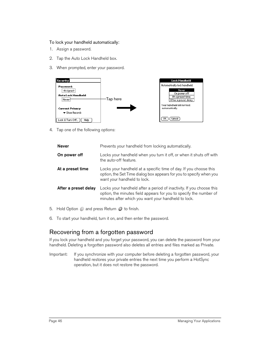 To lock your handheld automatically, Recovering from a forgotten password | Handspring 90 User Manual | Page 46 / 232