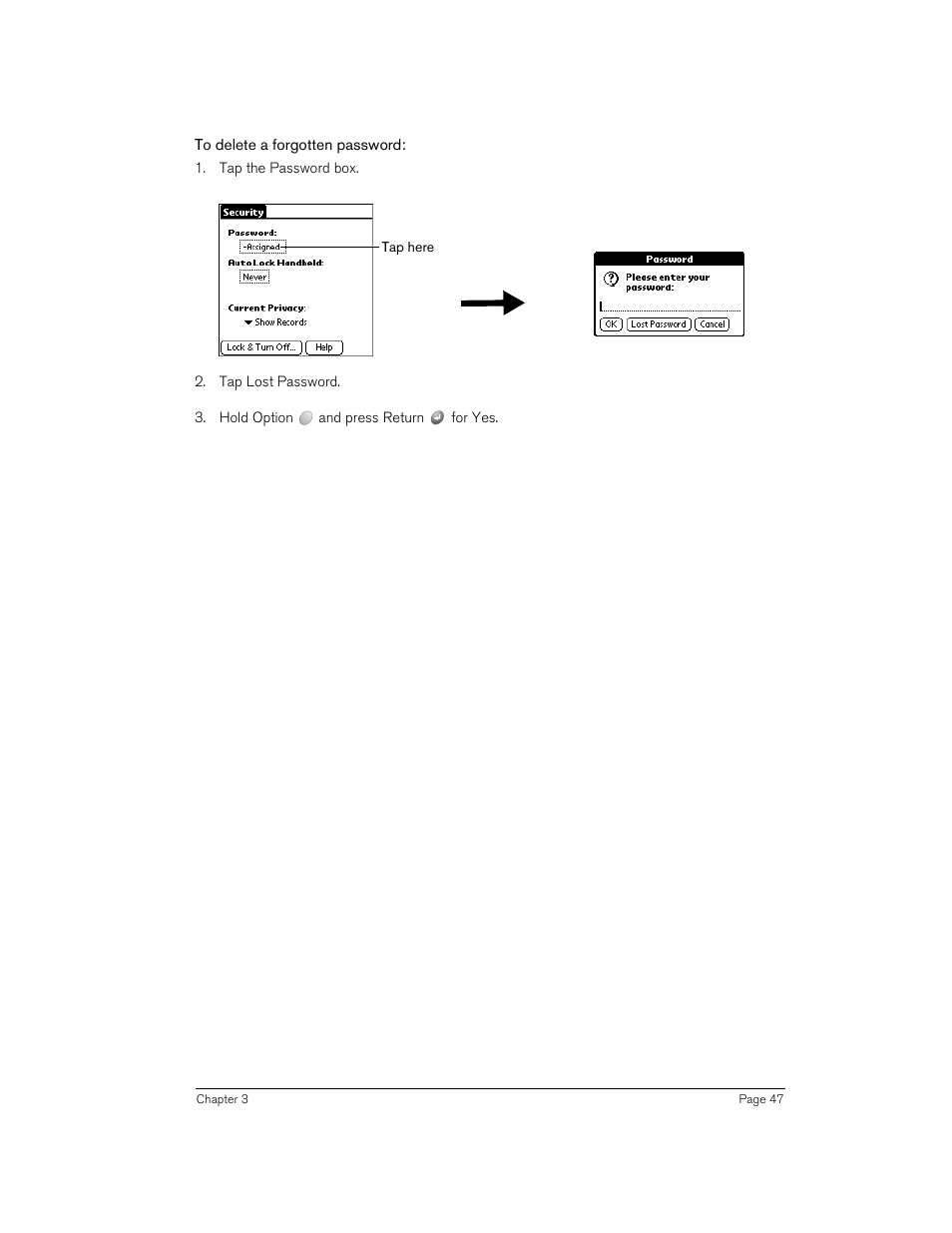 To delete a forgotten password | Handspring 90 User Manual | Page 47 / 232