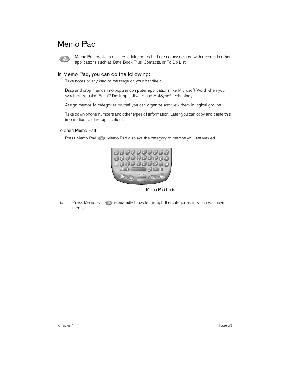 Memo pad, In memo pad, you can do the following, To open memo pad | Technology | Handspring 90 User Manual | Page 53 / 232