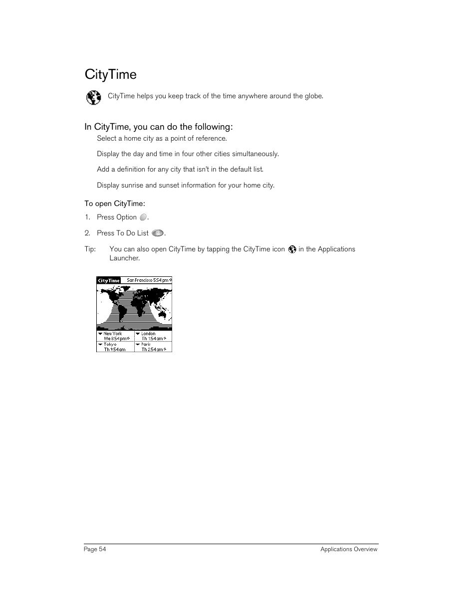 Citytime, In citytime, you can do the following, To open citytime | Handspring 90 User Manual | Page 54 / 232