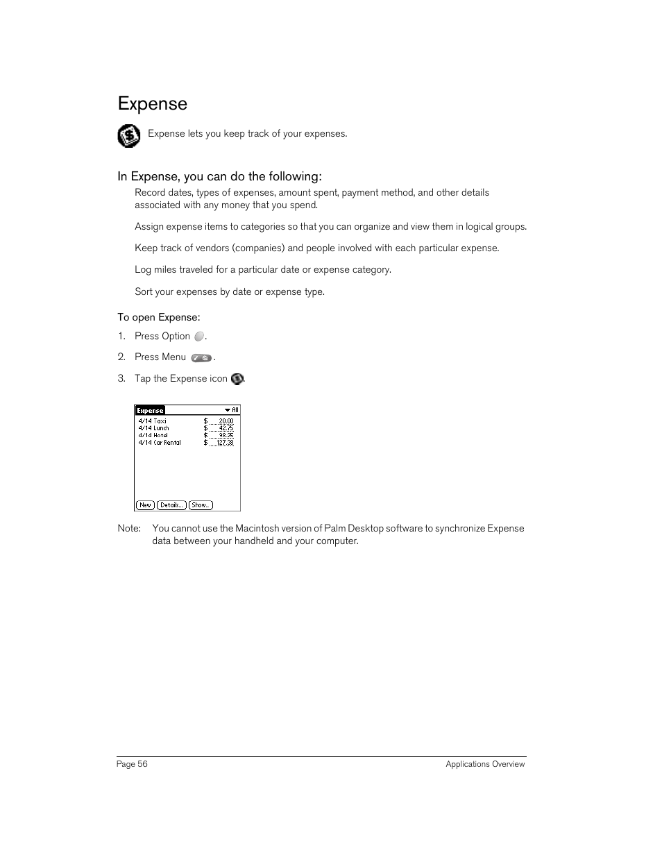 Expense, In expense, you can do the following, To open expense | Handspring 90 User Manual | Page 56 / 232