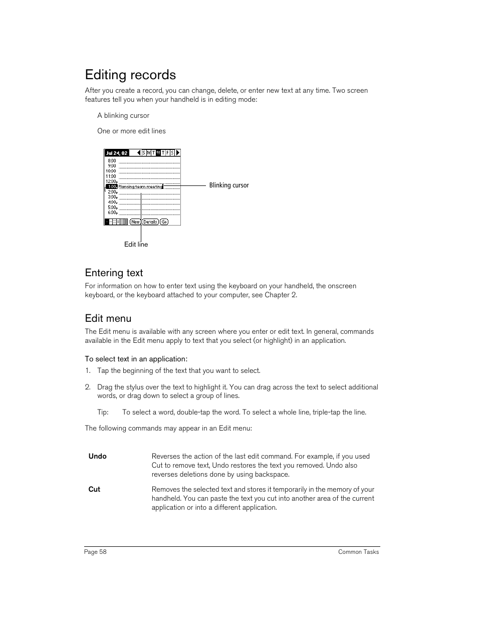 Editing records, Entering text, Edit menu | To select text in an application, Entering text edit menu | Handspring 90 User Manual | Page 58 / 232