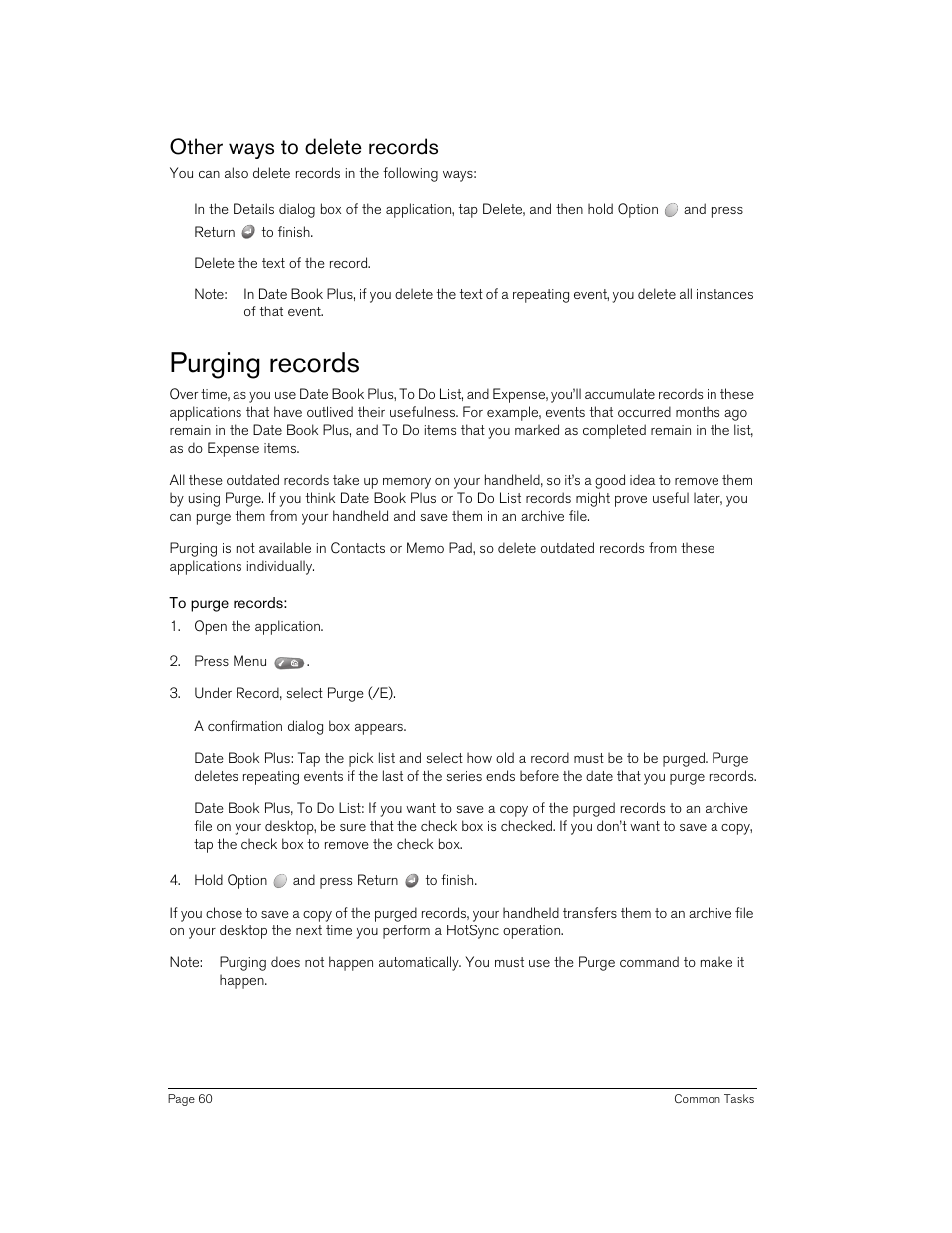 Other ways to delete records, Purging records, To purge records | Handspring 90 User Manual | Page 60 / 232