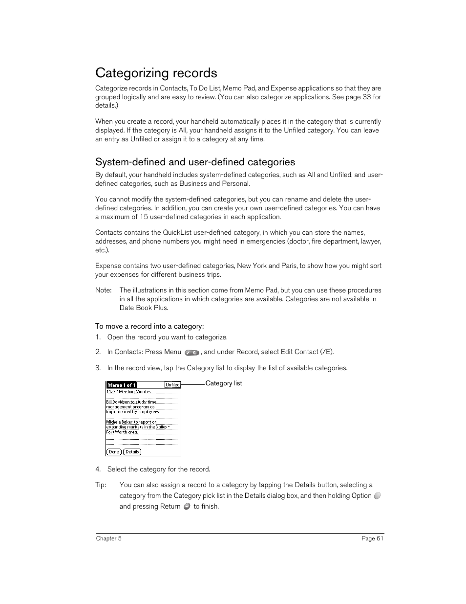 Categorizing records, System-defined and user-defined categories, To move a record into a category | Setting priority | Handspring 90 User Manual | Page 61 / 232